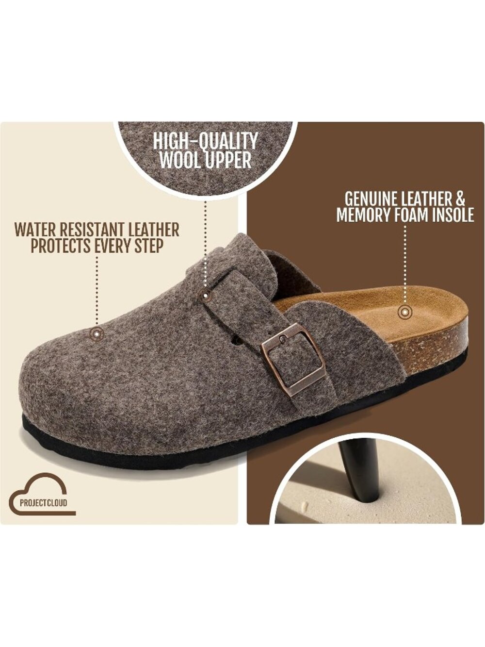 Women's Grey Wool Genuine Leather Cork Footbed Trendy Slip-On Mules Clogs - Picture 2 of 4